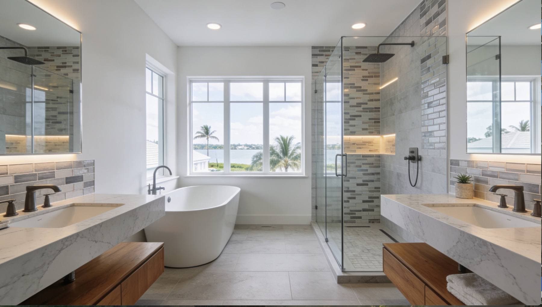 Completed bathroom remodel with a floating wood vanity and a freestanding soaking tub and a glass-enclosed walk-in shower
