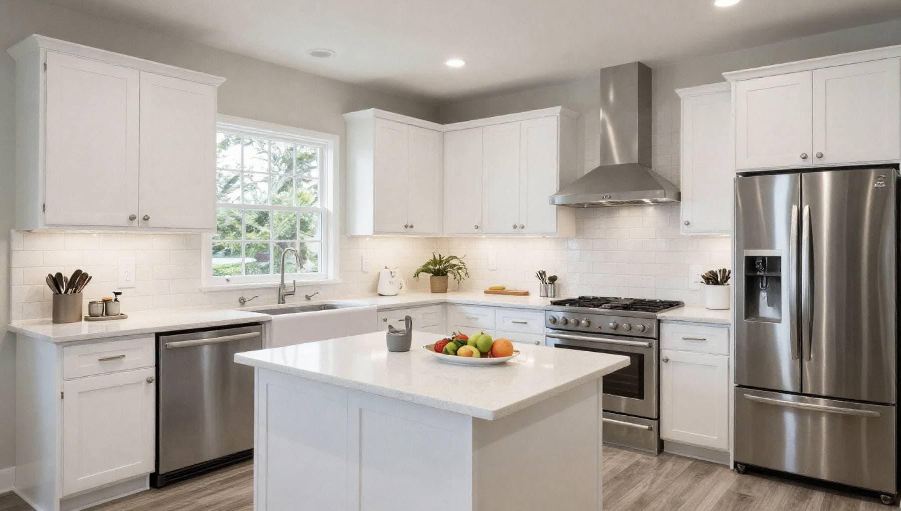 Completed kitchen remodel with white shaker cabinetry, a center island with pendant lighting, and stainless steel appliances