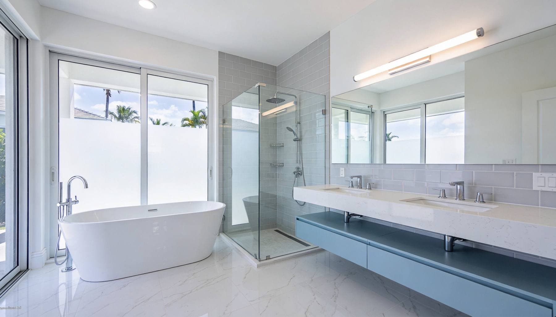 Completed bathroom remodel with a floating wood vanity and a freestanding soaking tub and a glass-enclosed walk-in shower