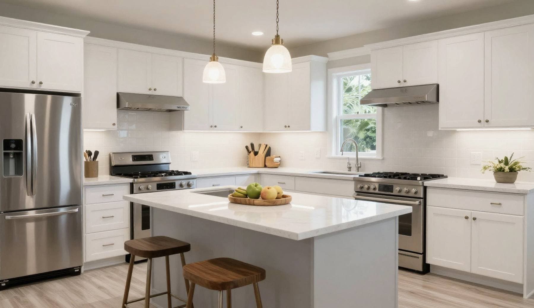 Completed kitchen remodel with white shaker cabinetry, a center island with pendant lighting, and stainless steel appliances