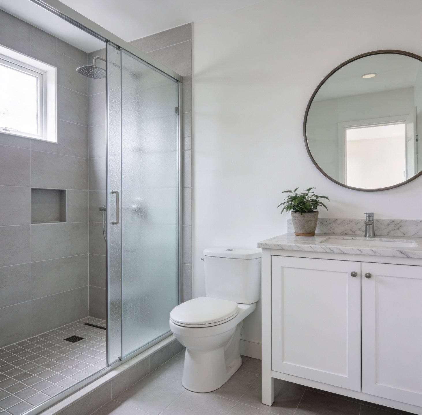 Completed bathroom remodel with a floating wood vanity and a frameless glass walk-in shower