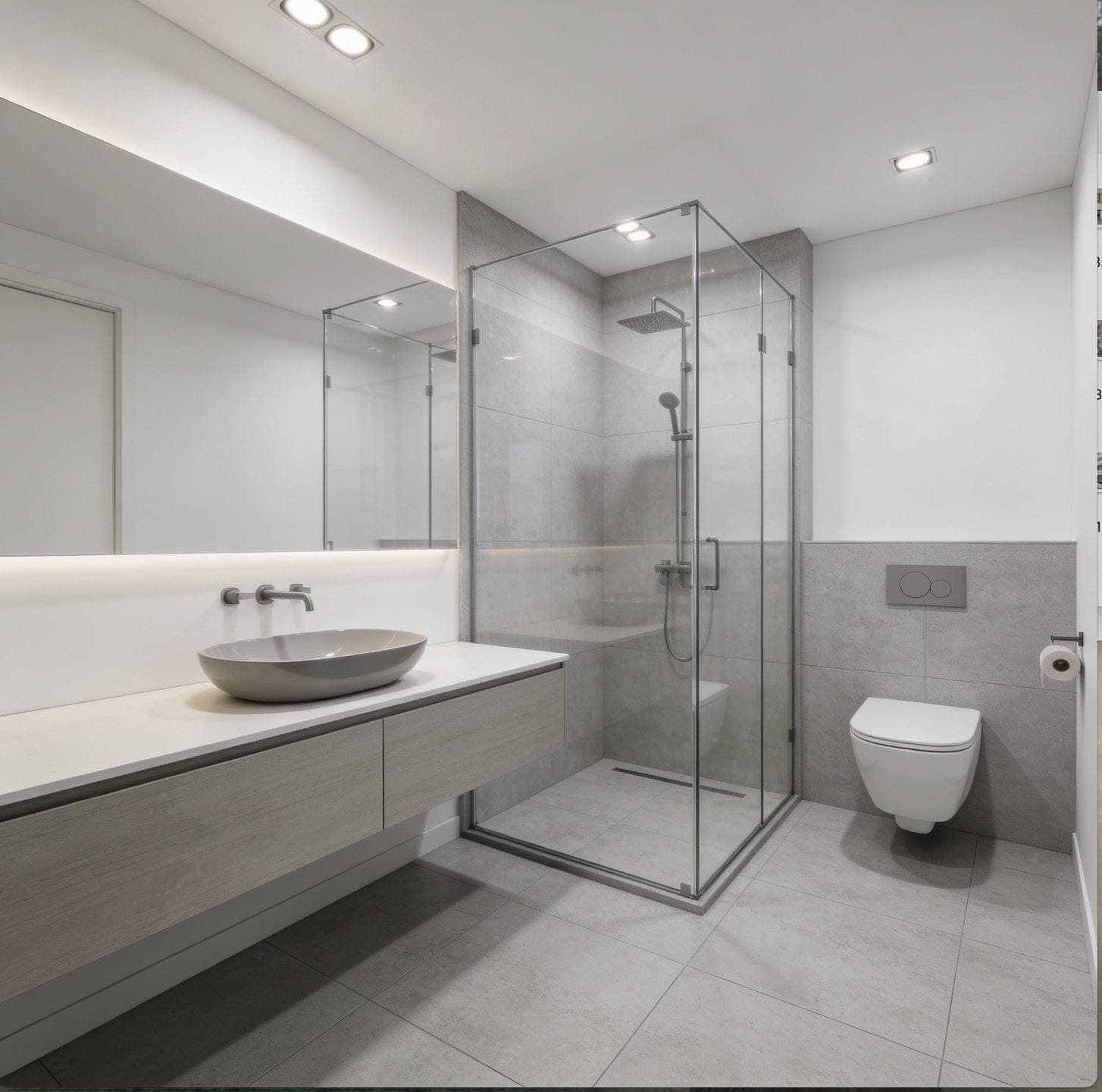 Completed bathroom remodel with a floating wood vanity and a frameless glass walk-in shower