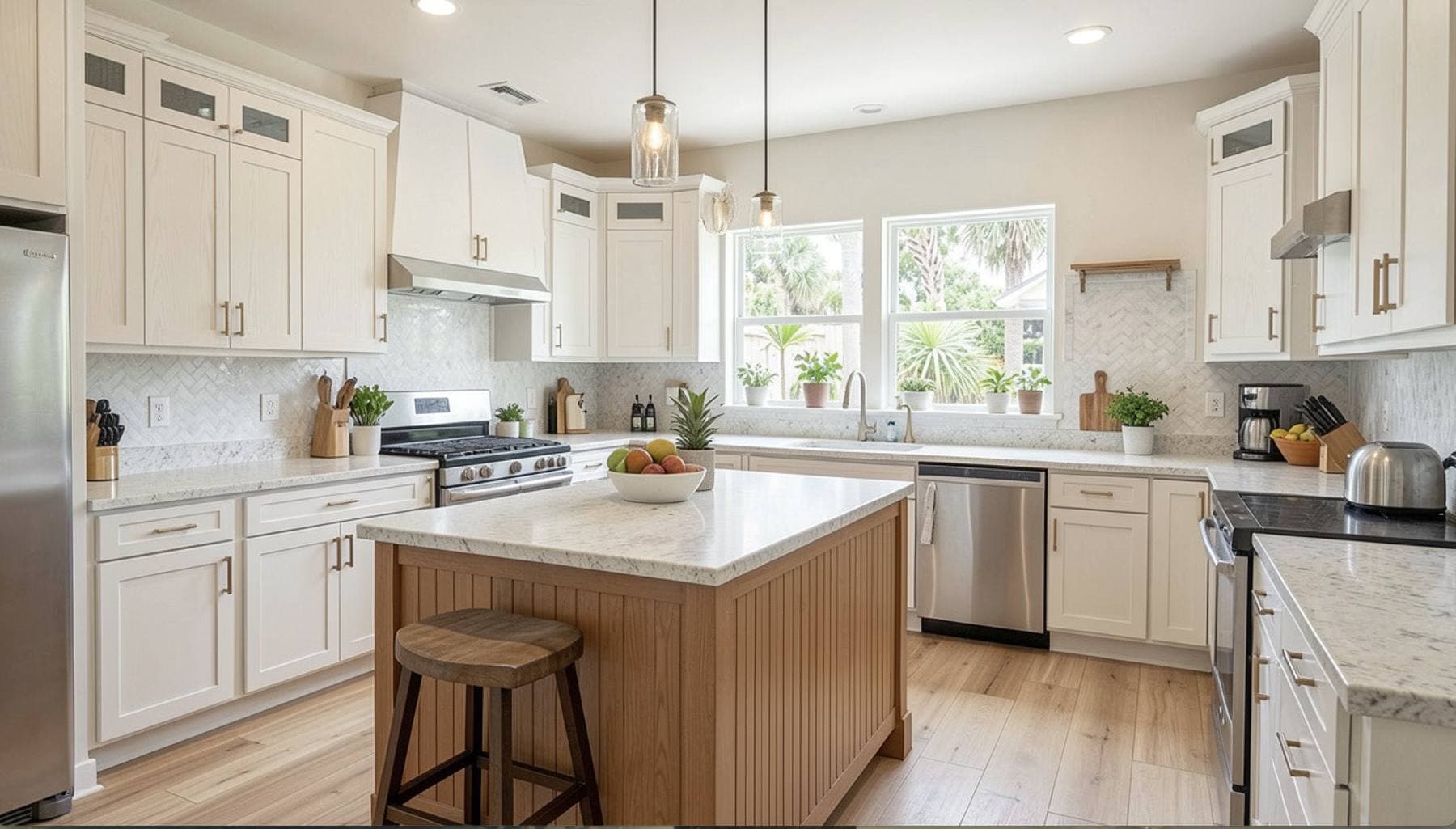Completed kitchen remodel with white shaker cabinetry, a center island with pendant lighting, and stainless steel appliances