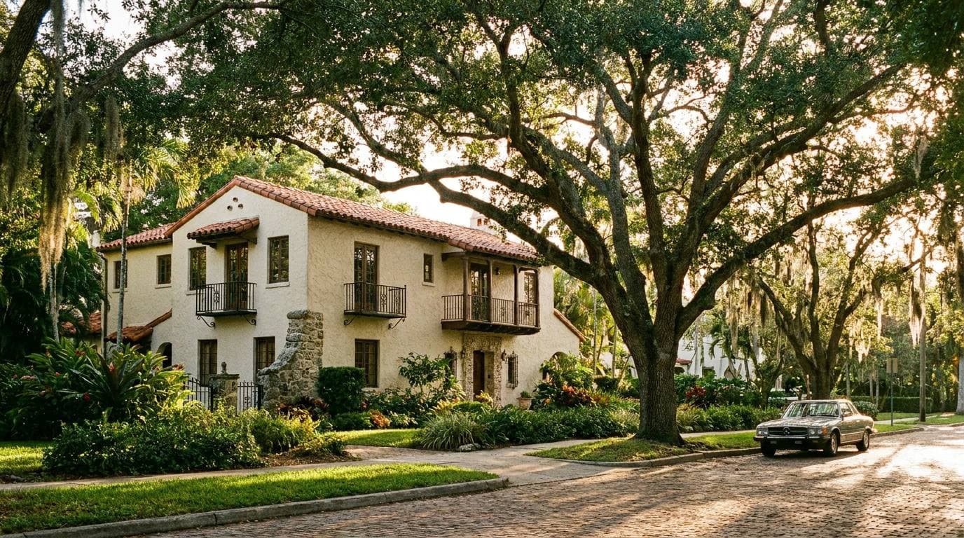 Coconut Grove Mediterranean Revival home with protected oak canopy along a residential street in the Grove