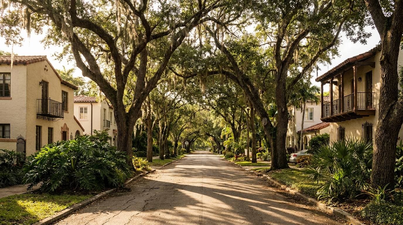 Coconut Grove residential street in Center Grove showing Mediterranean Revival housing stock under protected oak canopy