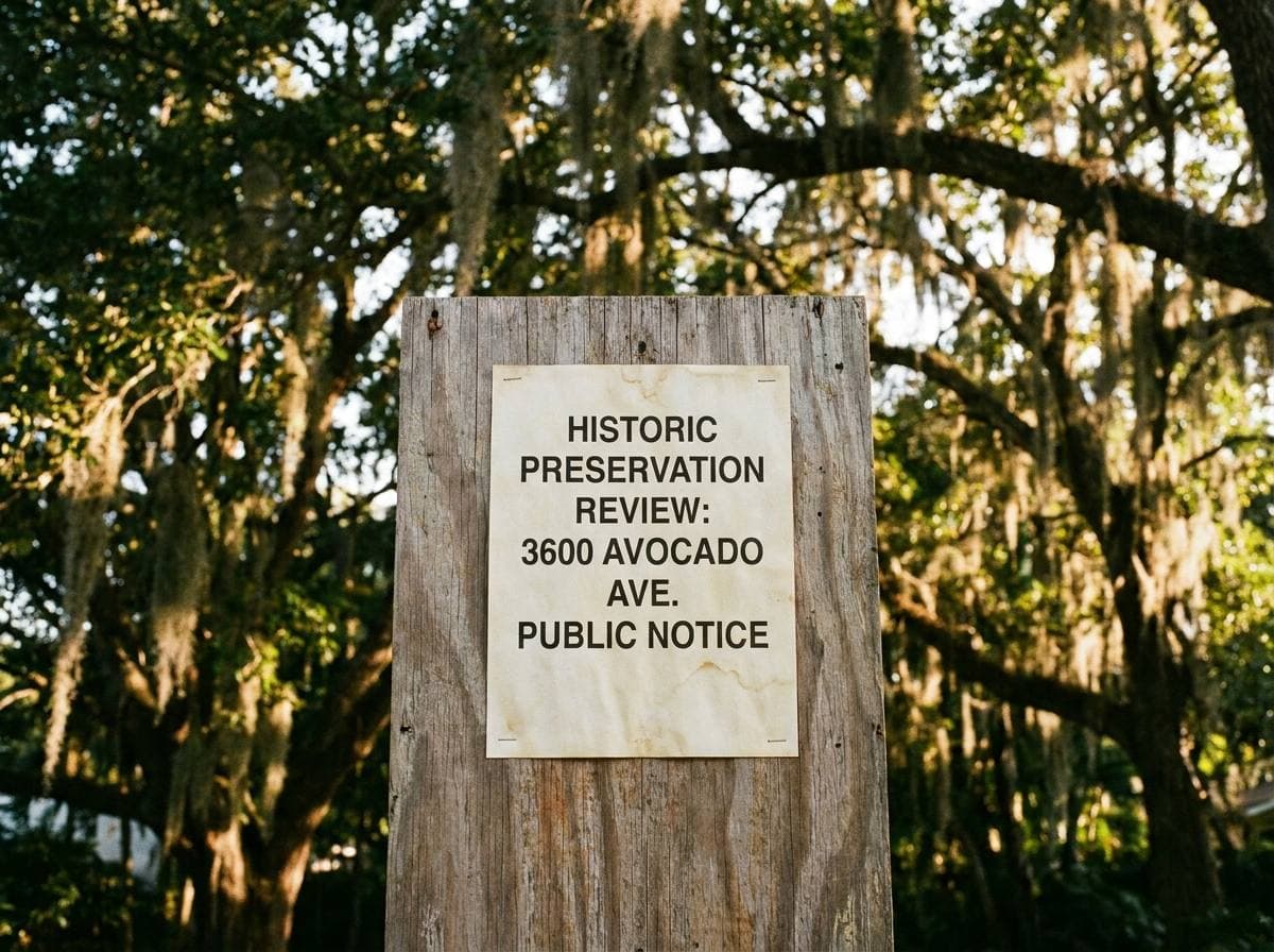 Coconut Grove HEPB historic preservation review notice posted on a designated property