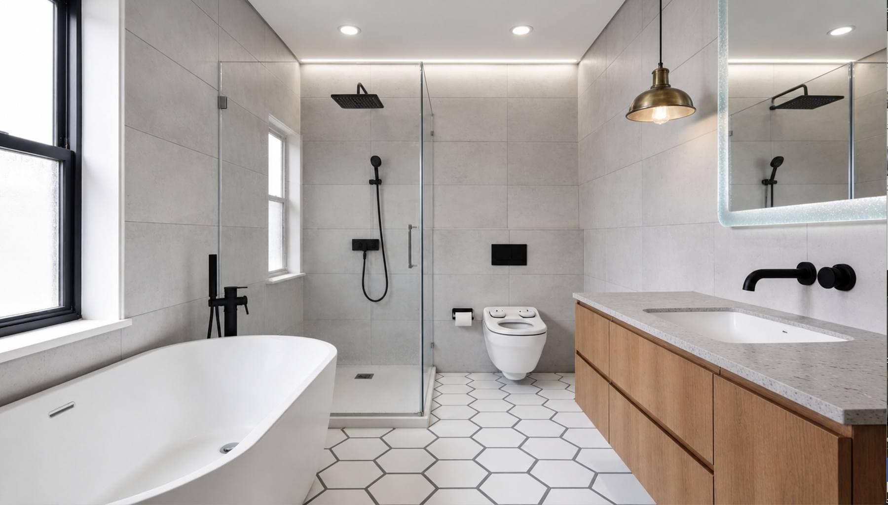 Completed bathroom remodel with a floating wood vanity and a freestanding soaking tub and a glass-enclosed walk-in shower