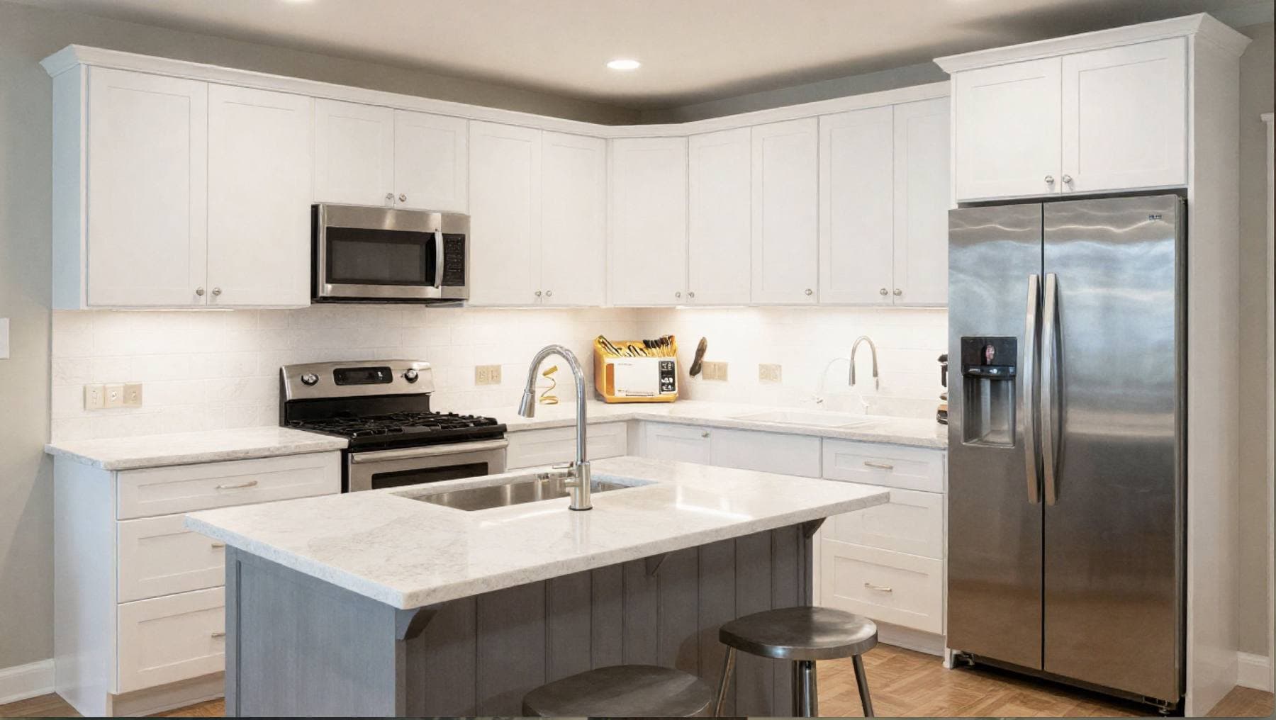 Completed kitchen remodel with white shaker cabinetry, a center island with pendant lighting, and stainless steel appliances