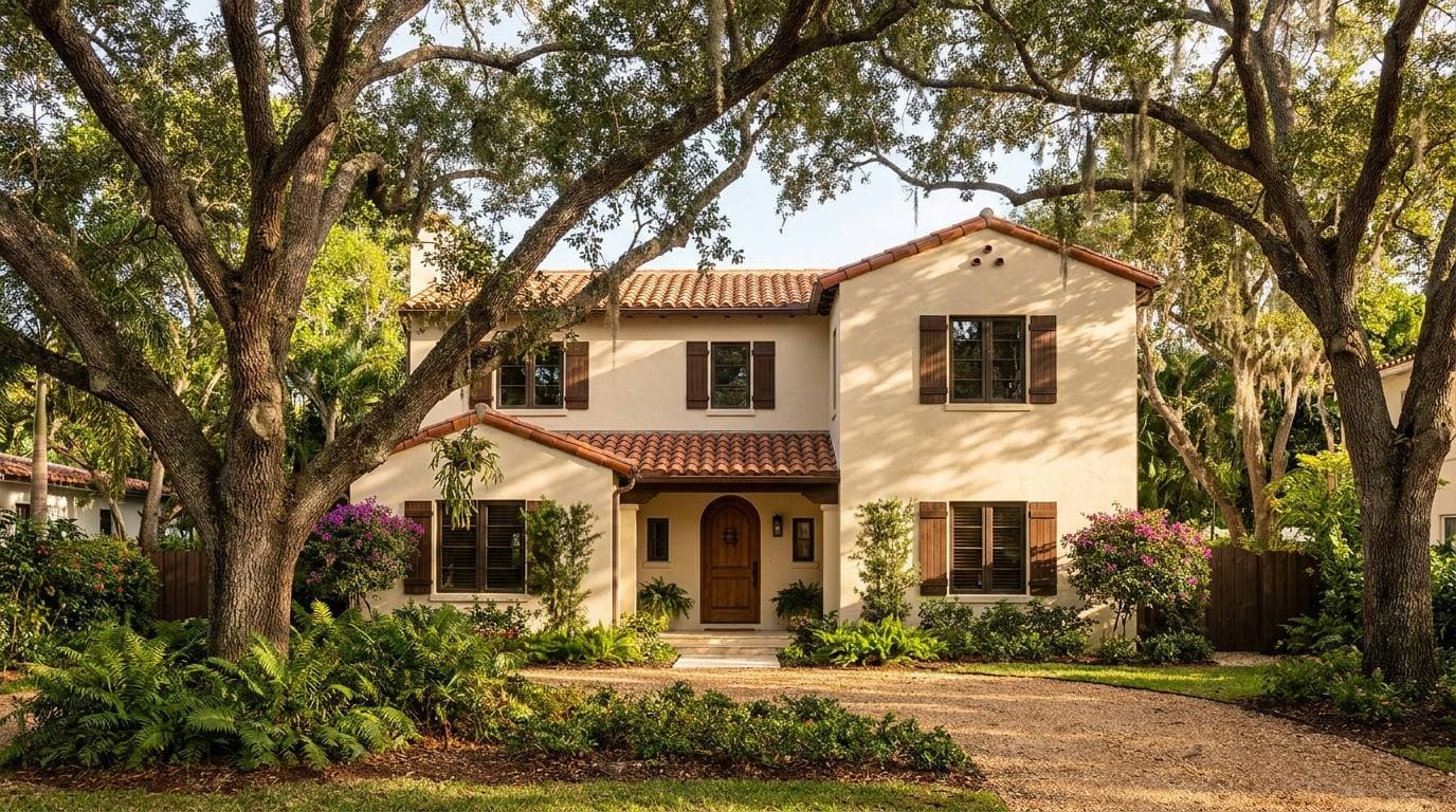 Coconut Grove whole-home renovation exterior showing restored Mediterranean Revival facade with original tile roof and oak canopy preserved