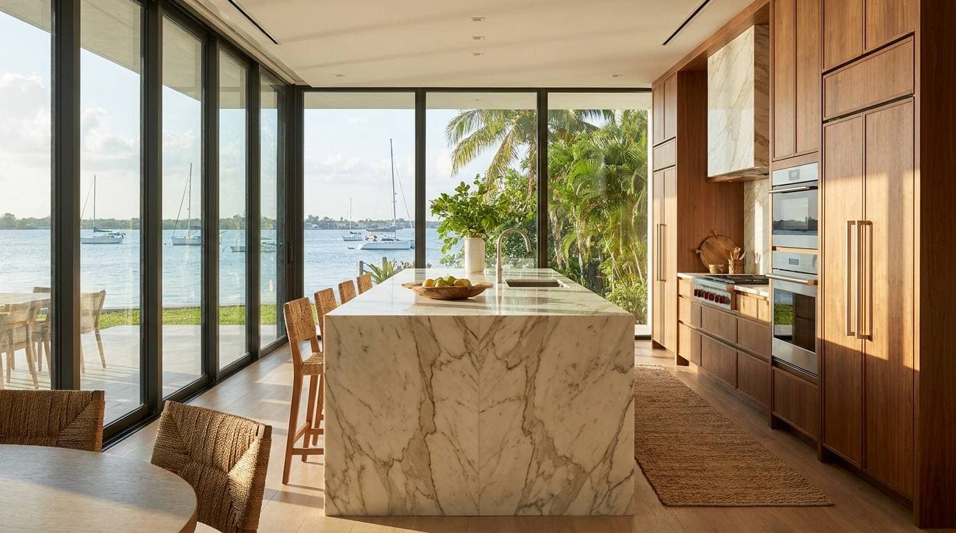 Coconut Grove Bayfront estate kitchen with integrated panel-front appliances, book-matched stone slab island, and view through floor-to-ceiling glass to Biscayne Bay