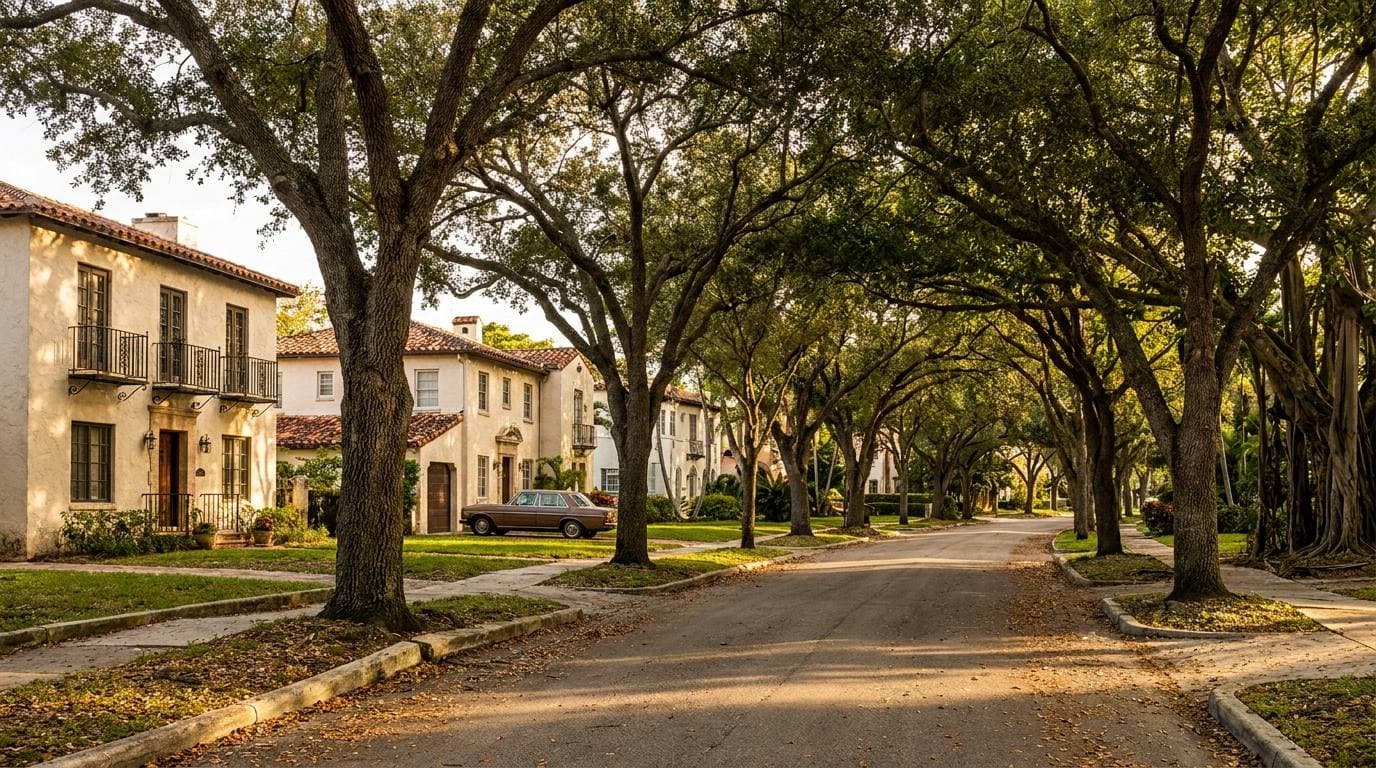 Coral Gables Mediterranean Revival residential streetscape with mature canopy and limestone curbs