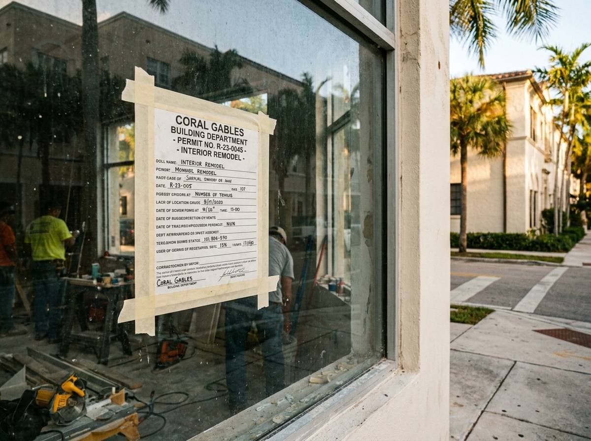 Posted City of Coral Gables building permit at active interior remodel jobsite