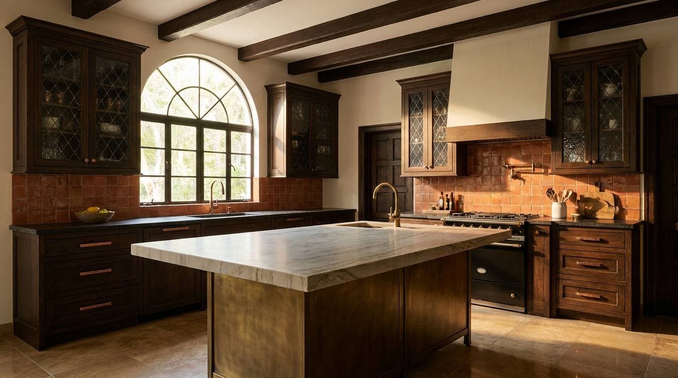 Coral Gables 1928 Merrick-era historic kitchen remodel with period-appropriate cabinetry and quartzite slab