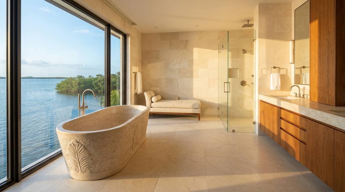 Cocoplum Bay-fronting Coral Gables estate primary bathroom with freestanding tub and large-format stone tile