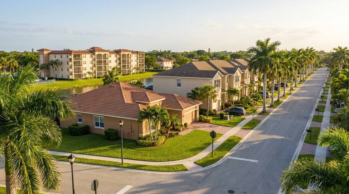 Coral Springs property-type grid representative photo — single-family inside named HOA community, townhome row, mid-rise condo