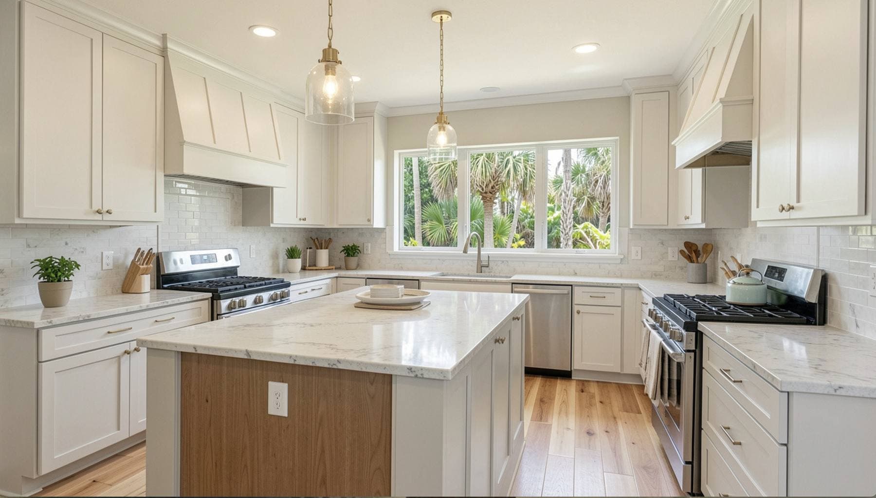 Completed kitchen remodel with white shaker cabinetry, a center island with pendant lighting, and stainless steel appliances