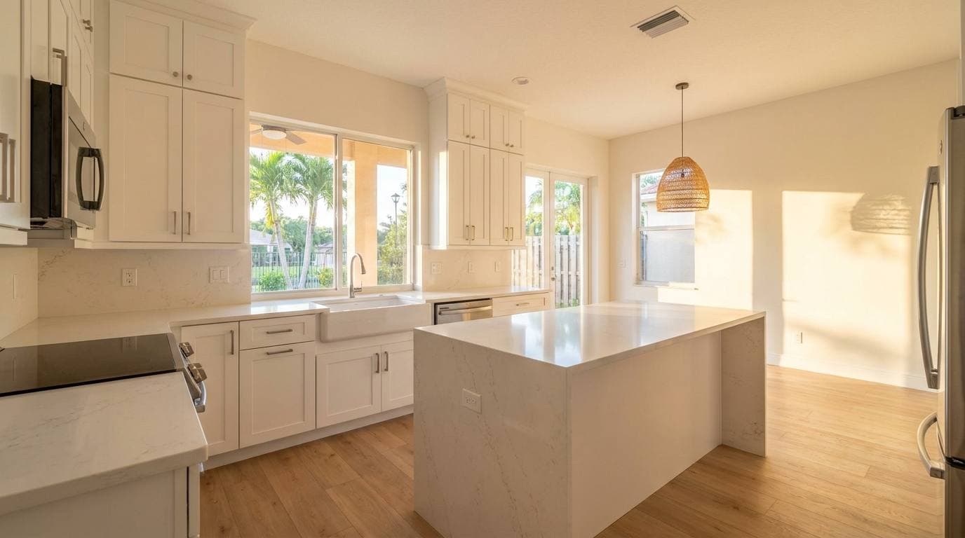 Completed kitchen remodel with white shaker cabinetry, a center island with pendant lighting, and stainless steel appliances