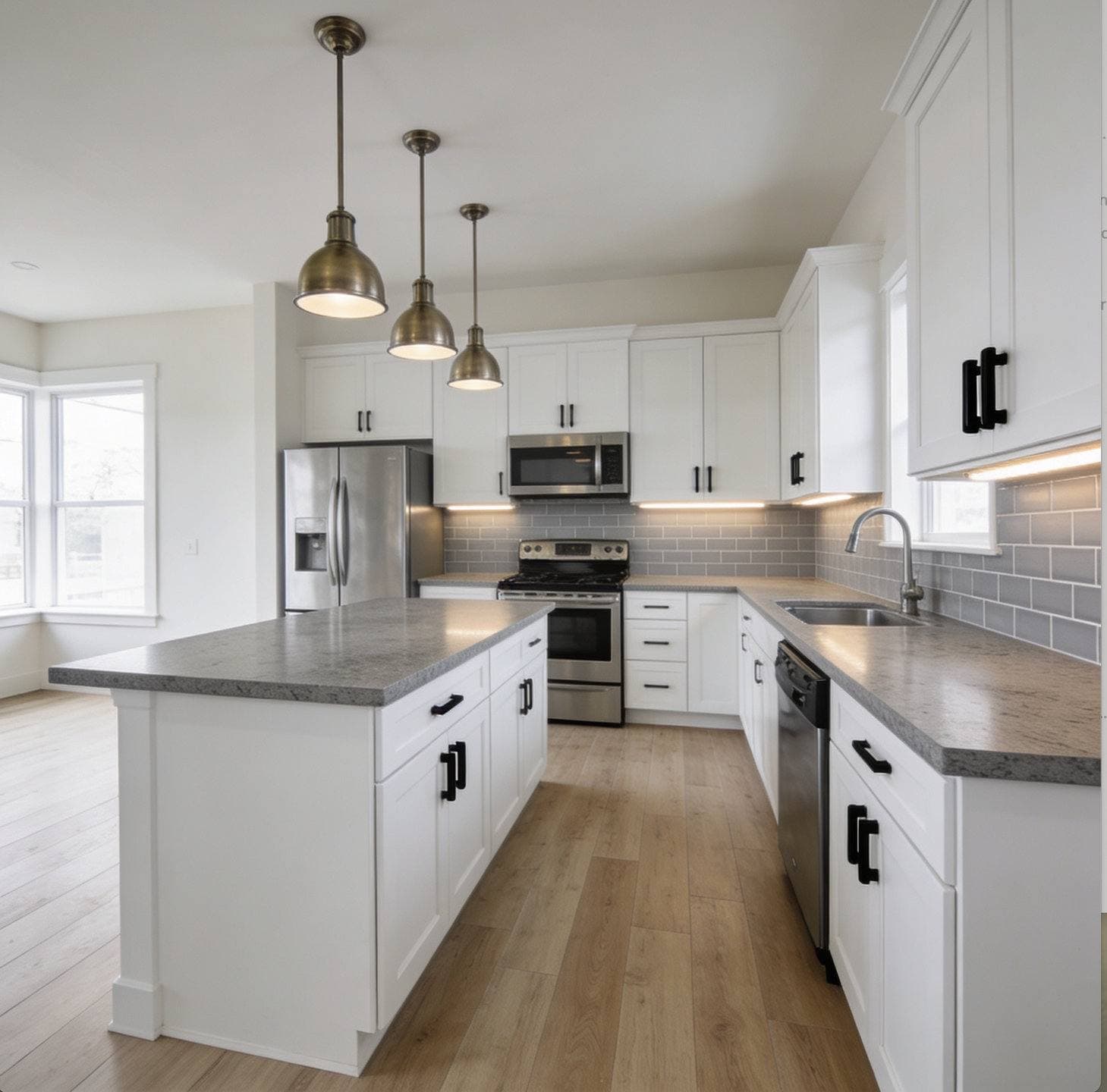 Completed kitchen remodel with white shaker cabinetry, a center island with pendant lighting, and stainless steel appliances