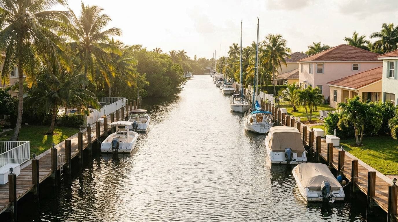 Dania Beach Intracoastal canal corridor with single-family waterfront housing and private dockage