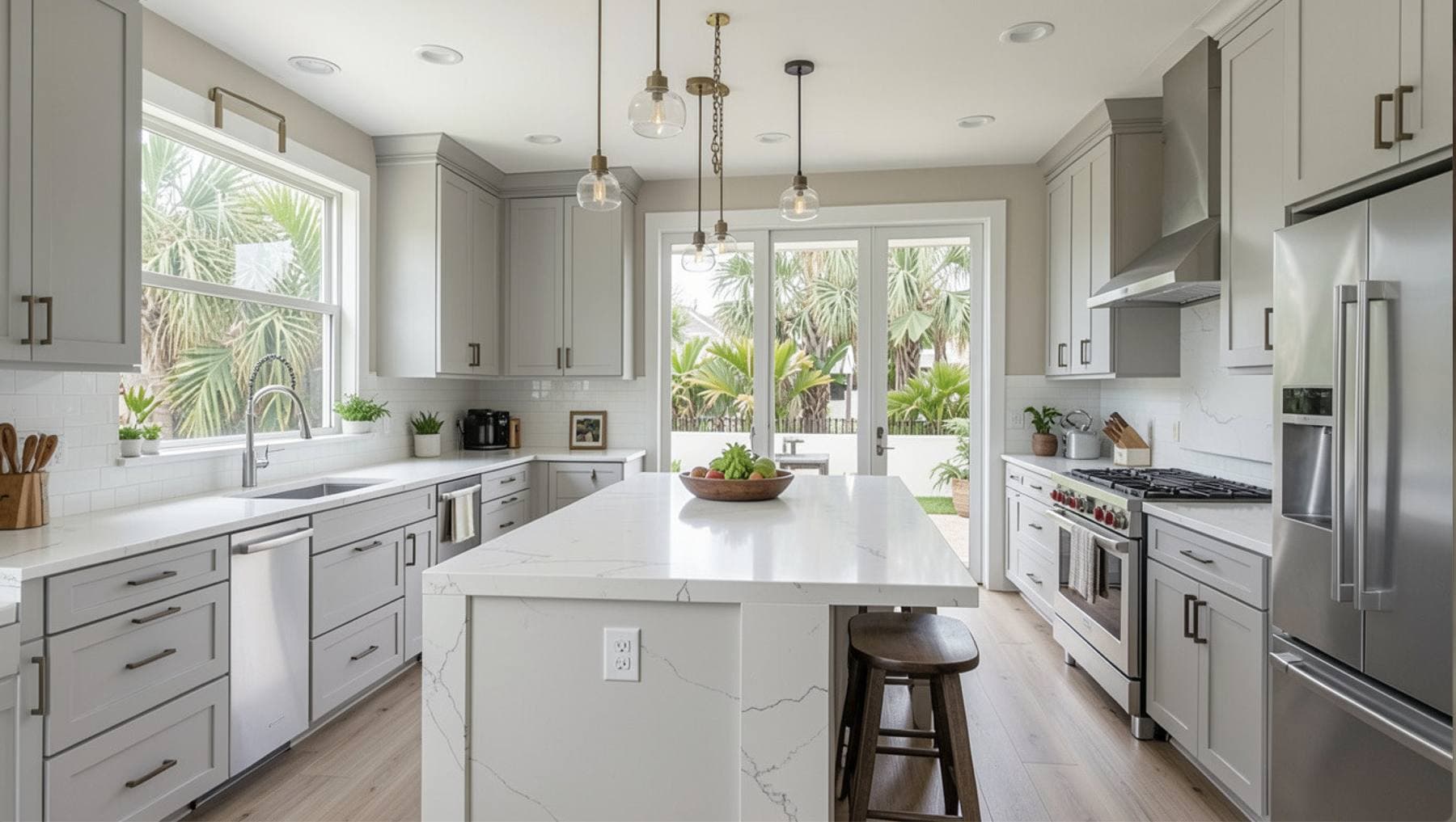 Completed kitchen remodel with white shaker cabinetry, a center island with pendant lighting, and stainless steel appliances