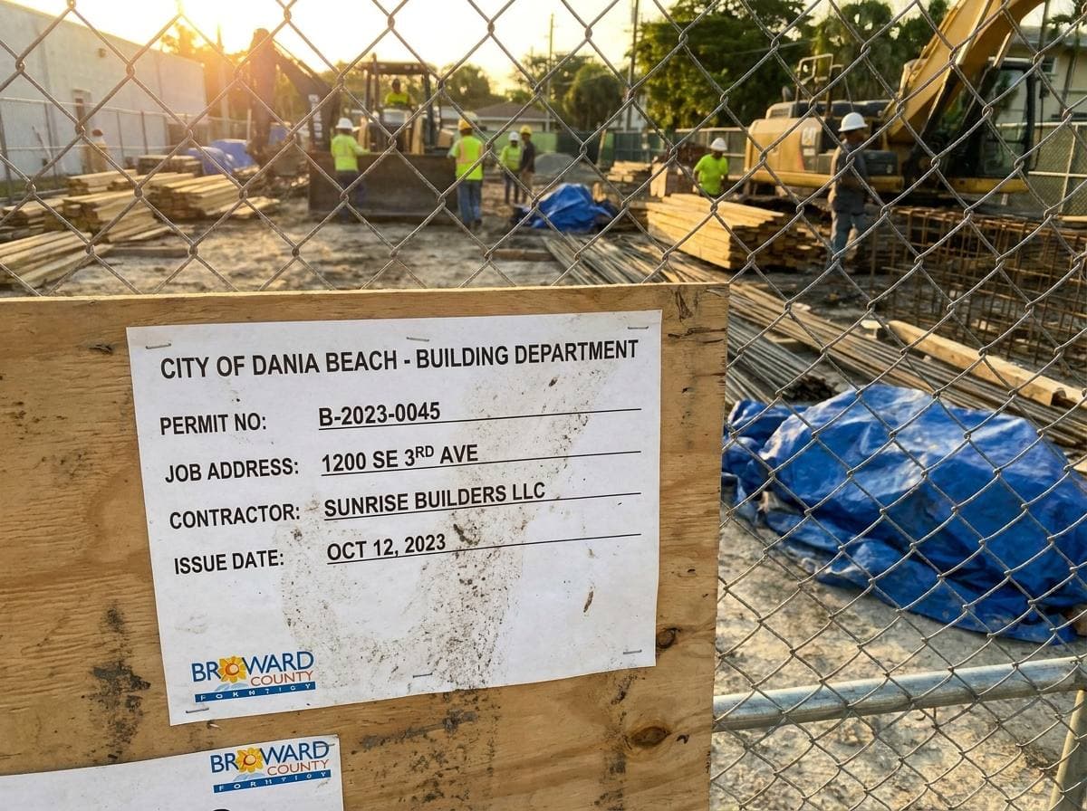 Posted City of Dania Beach building permit at active Gaven Constructions jobsite, Broward County HVHZ context