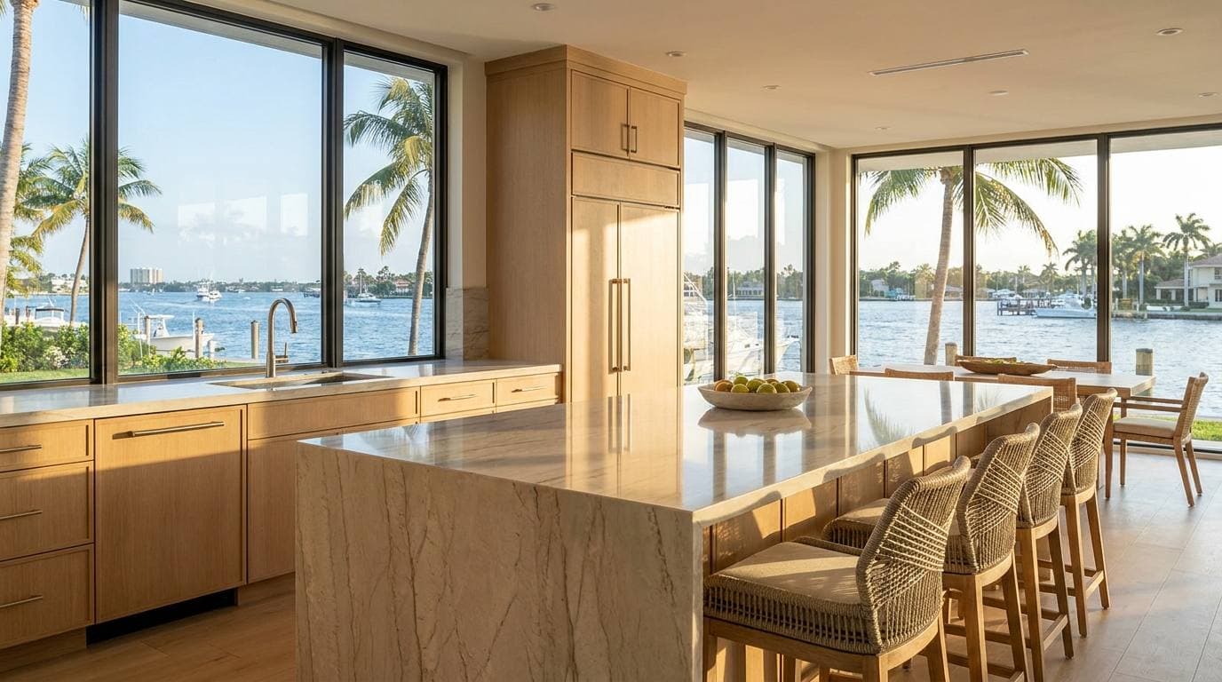 Harbor Isles Intracoastal-canal single-family kitchen remodel — open concept with quartzite waterfall island and panel-front integrated refrigeration