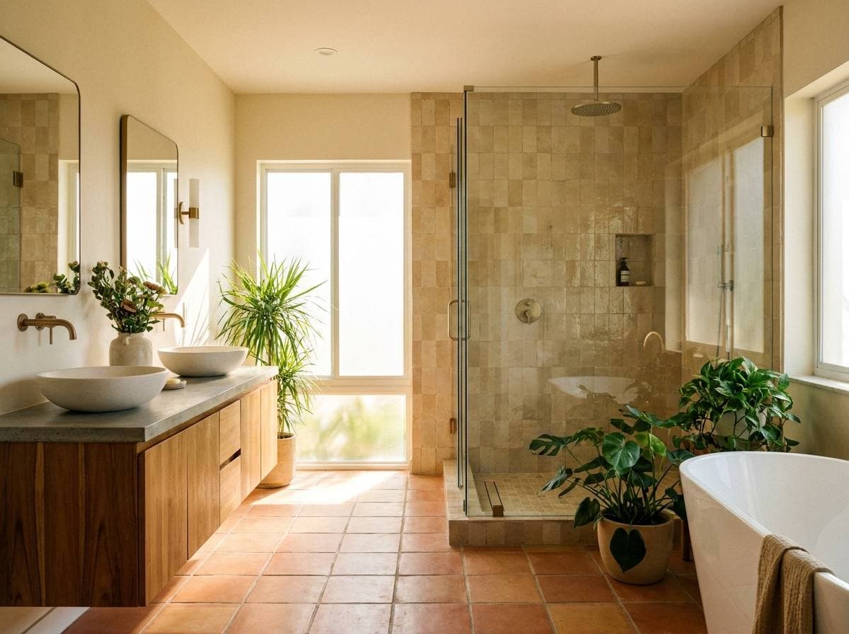 Completed bathroom remodel with a floating wood vanity and a frameless glass walk-in shower