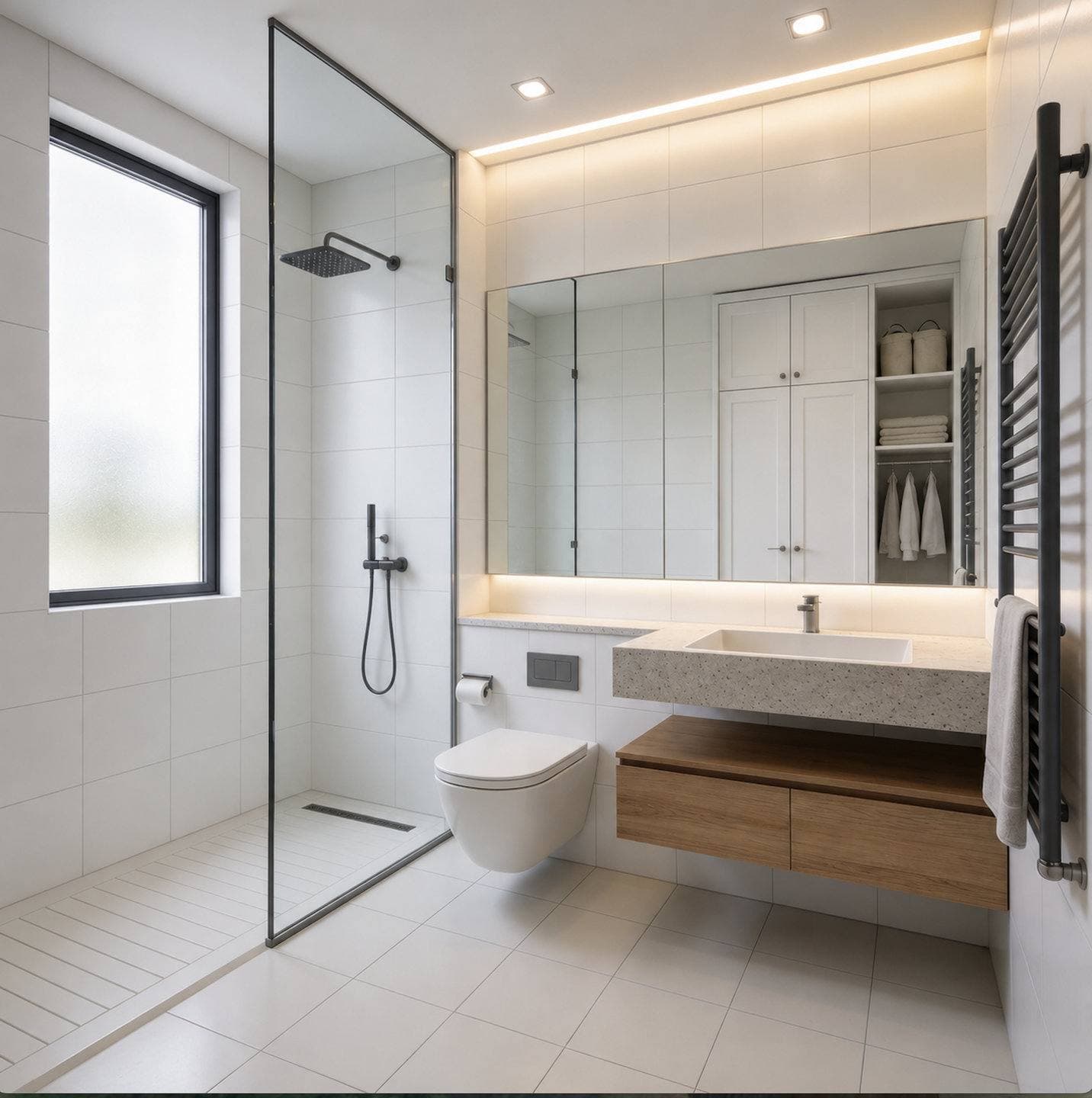 Completed bathroom remodel with a floating wood vanity and a freestanding soaking tub and a glass-enclosed walk-in shower