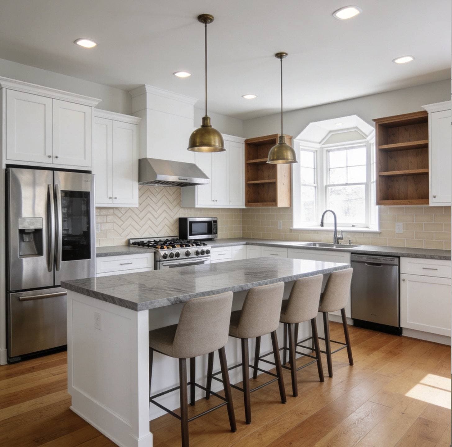 Completed kitchen remodel with white shaker cabinetry, a center island with pendant lighting, and stainless steel appliances