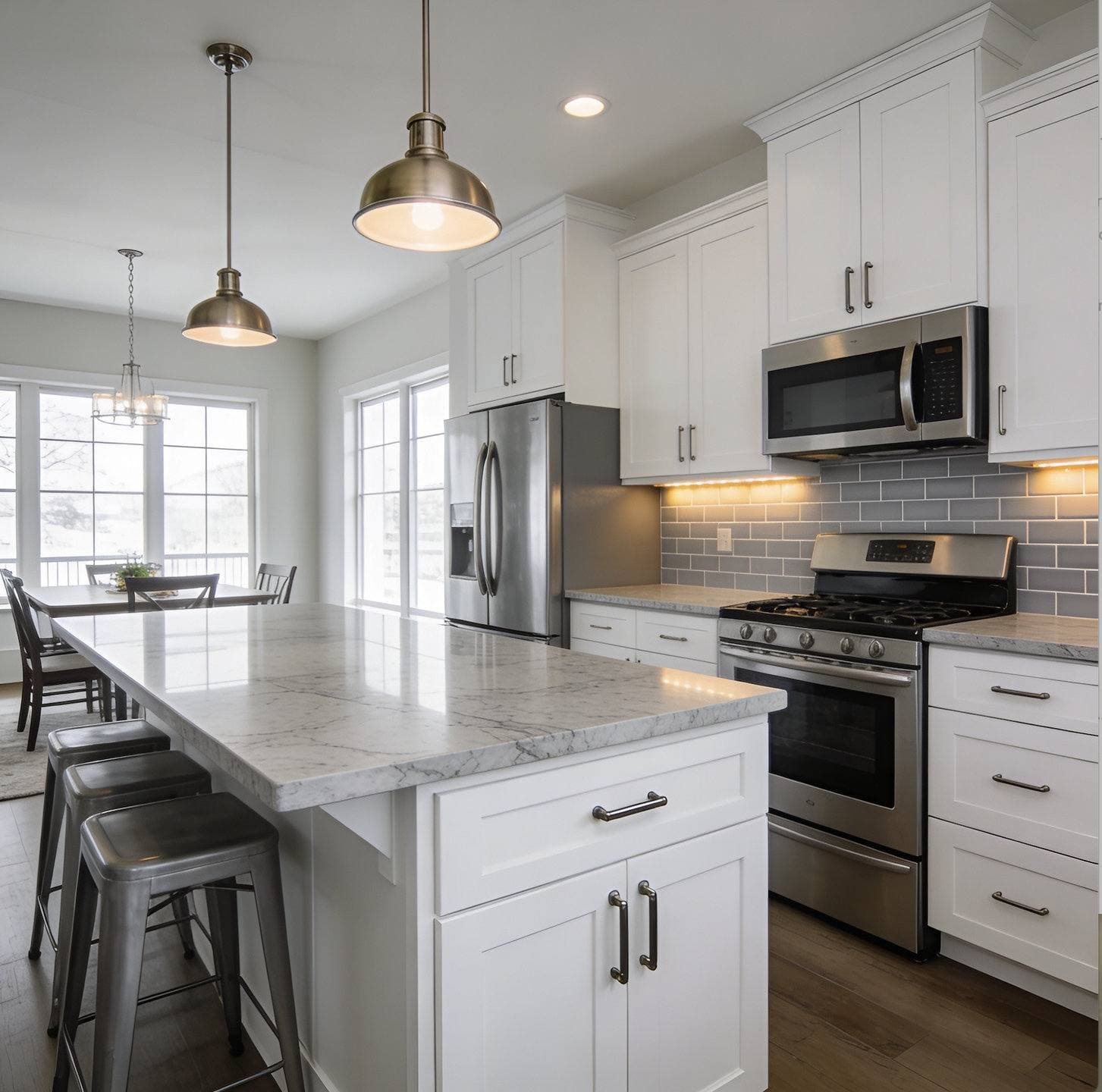 Completed kitchen remodel with white shaker cabinetry, a center island with pendant lighting, and stainless steel appliances