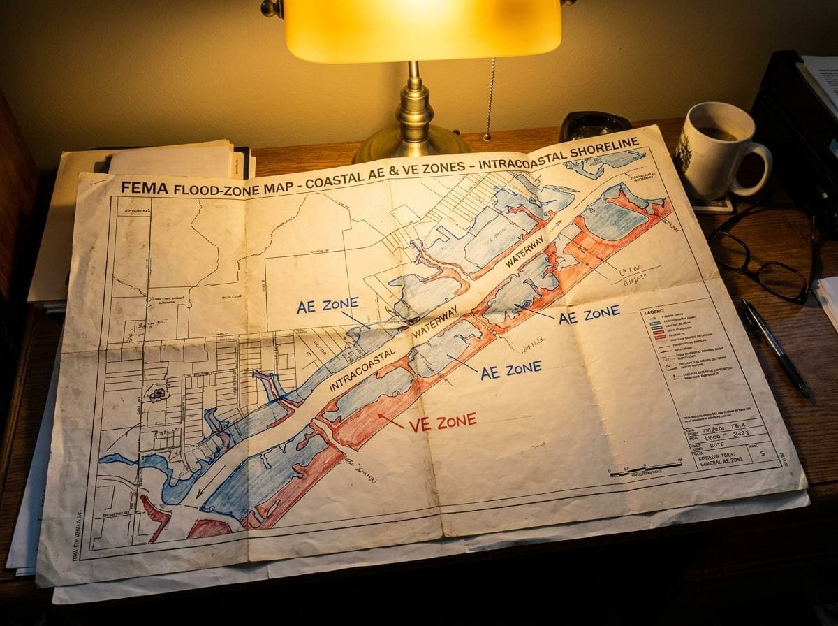 FEMA flood map showing AE/VE zones along Hillsboro Mile and Intracoastal blocks, Deerfield Beach