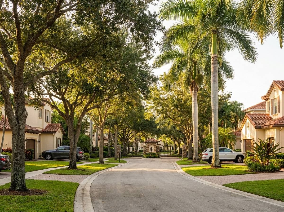 Deer Creek inland single-family gated community streetscape — west Deerfield Beach