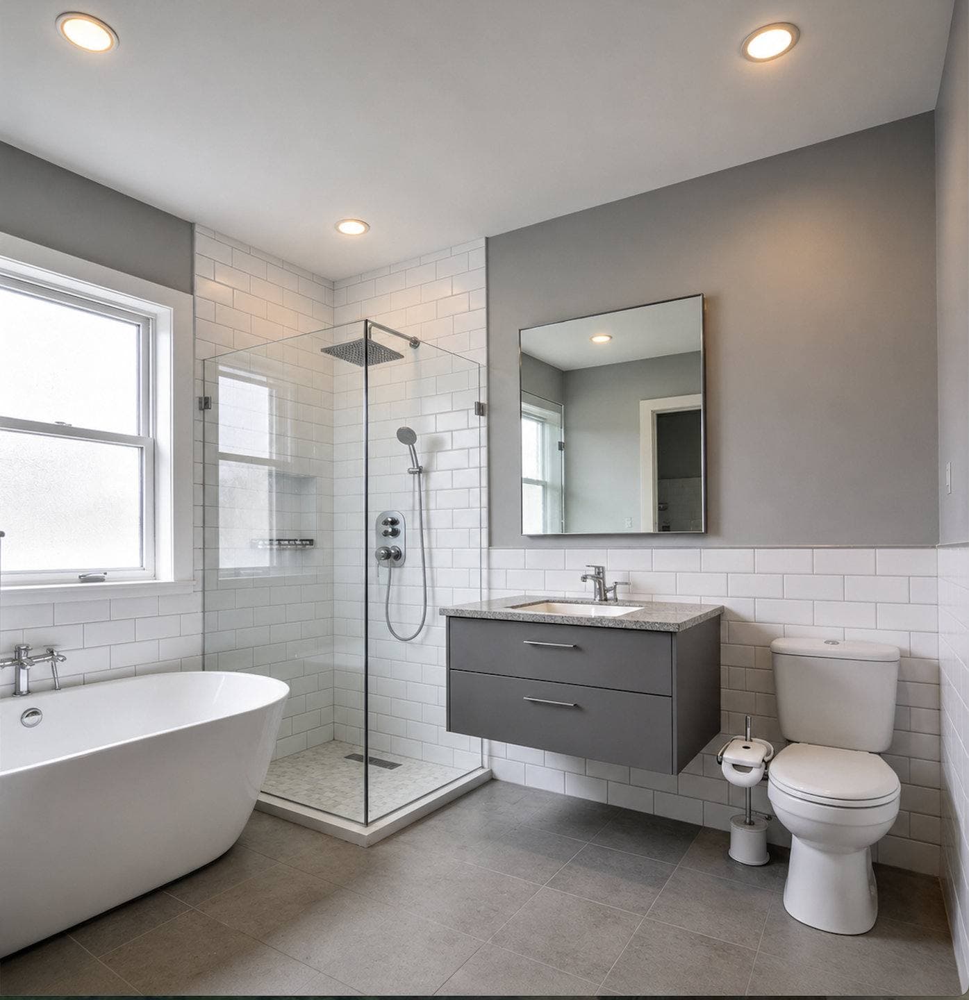 Completed bathroom remodel with a floating wood vanity and a freestanding soaking tub and a glass-enclosed walk-in shower