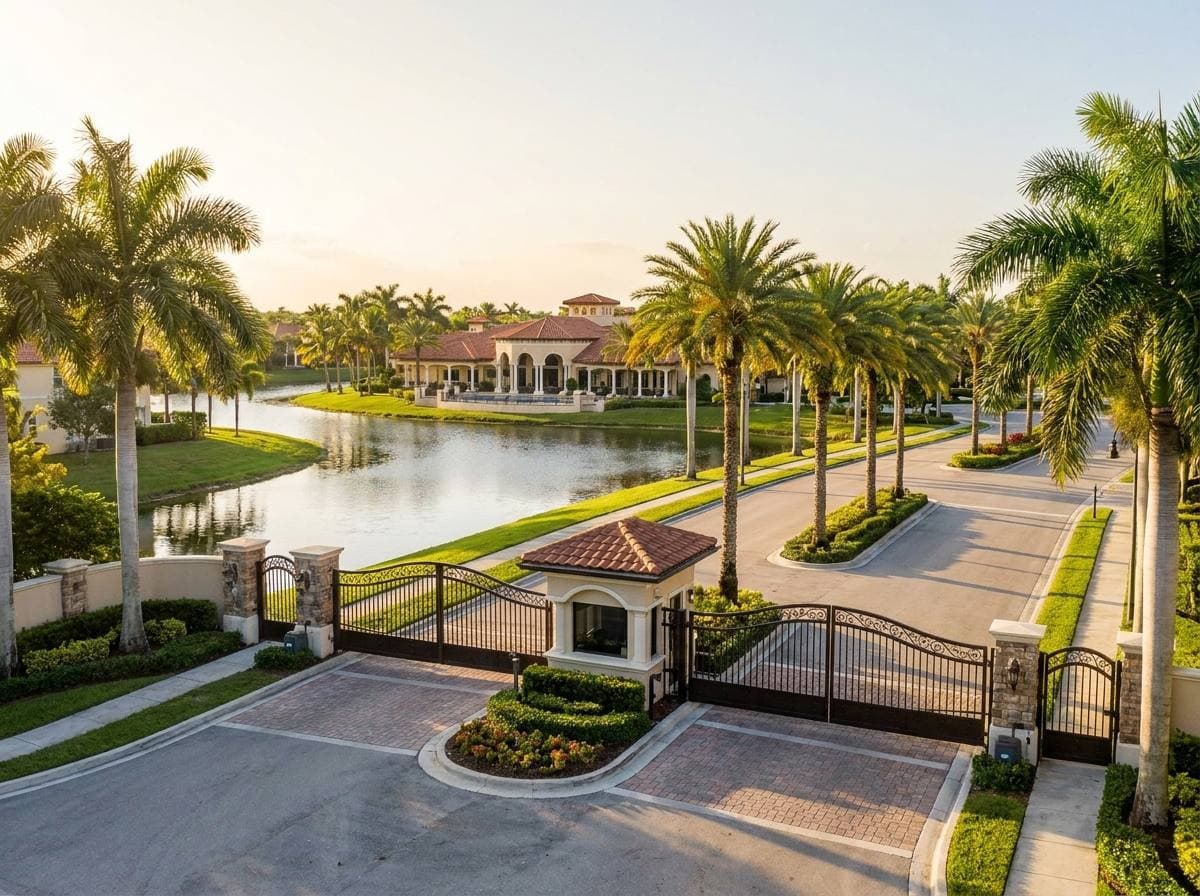 Doral Isles master-planned community streetscape with gated entry, canal, and clubhouse