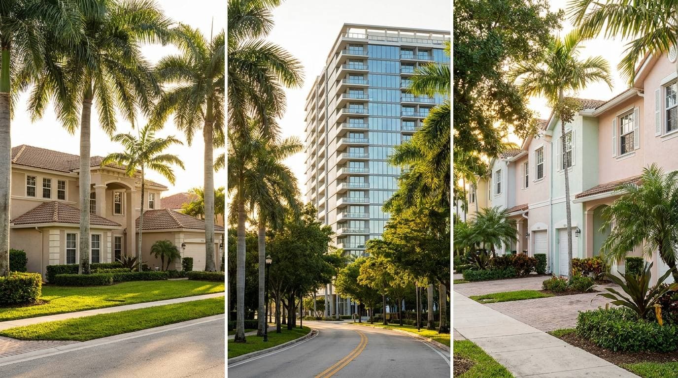Doral property types — master-planned single-family, Downtown Doral high-rise condo, townhome rows
