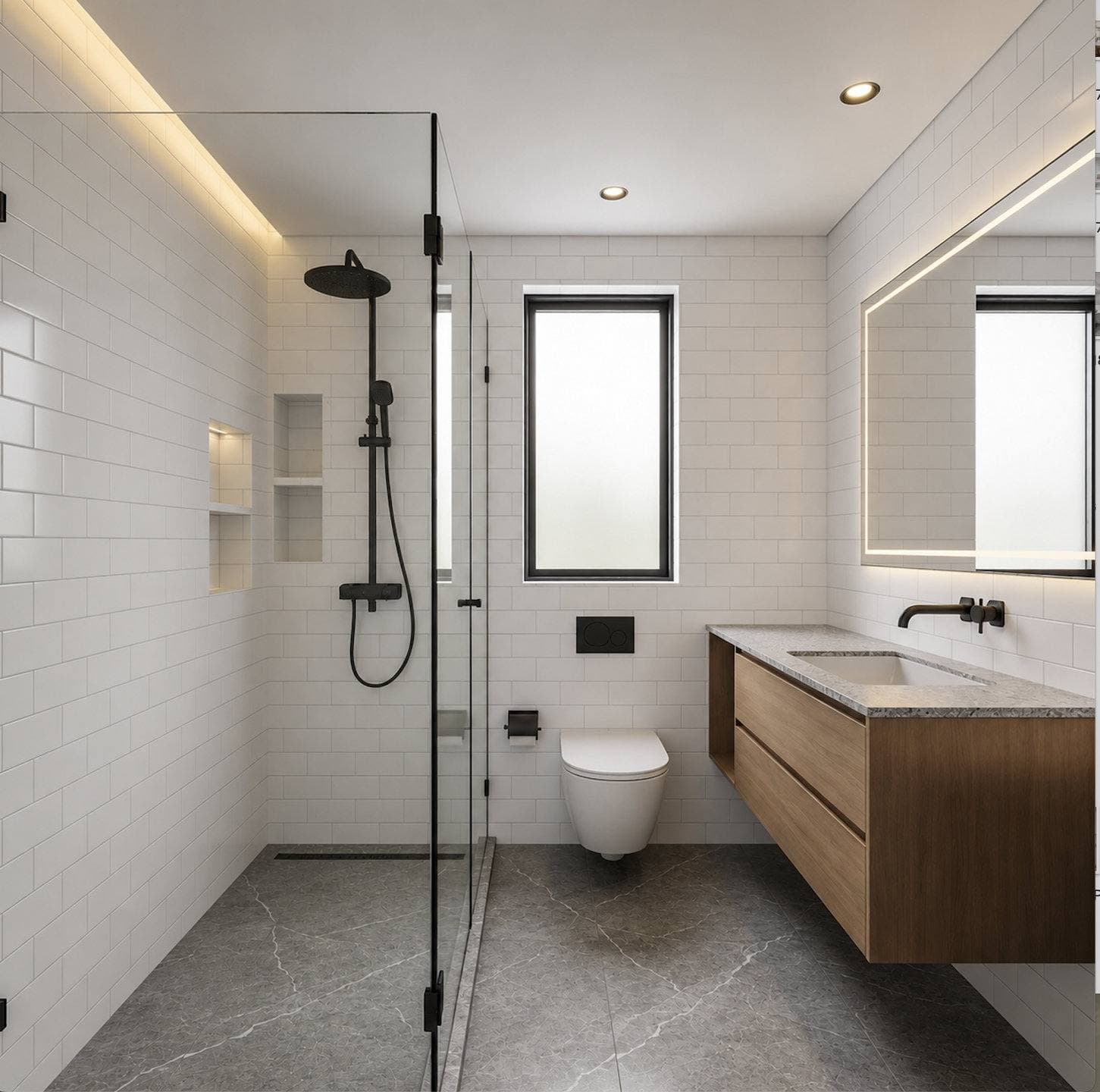 Completed bathroom remodel with a floating wood vanity and a frameless glass walk-in shower