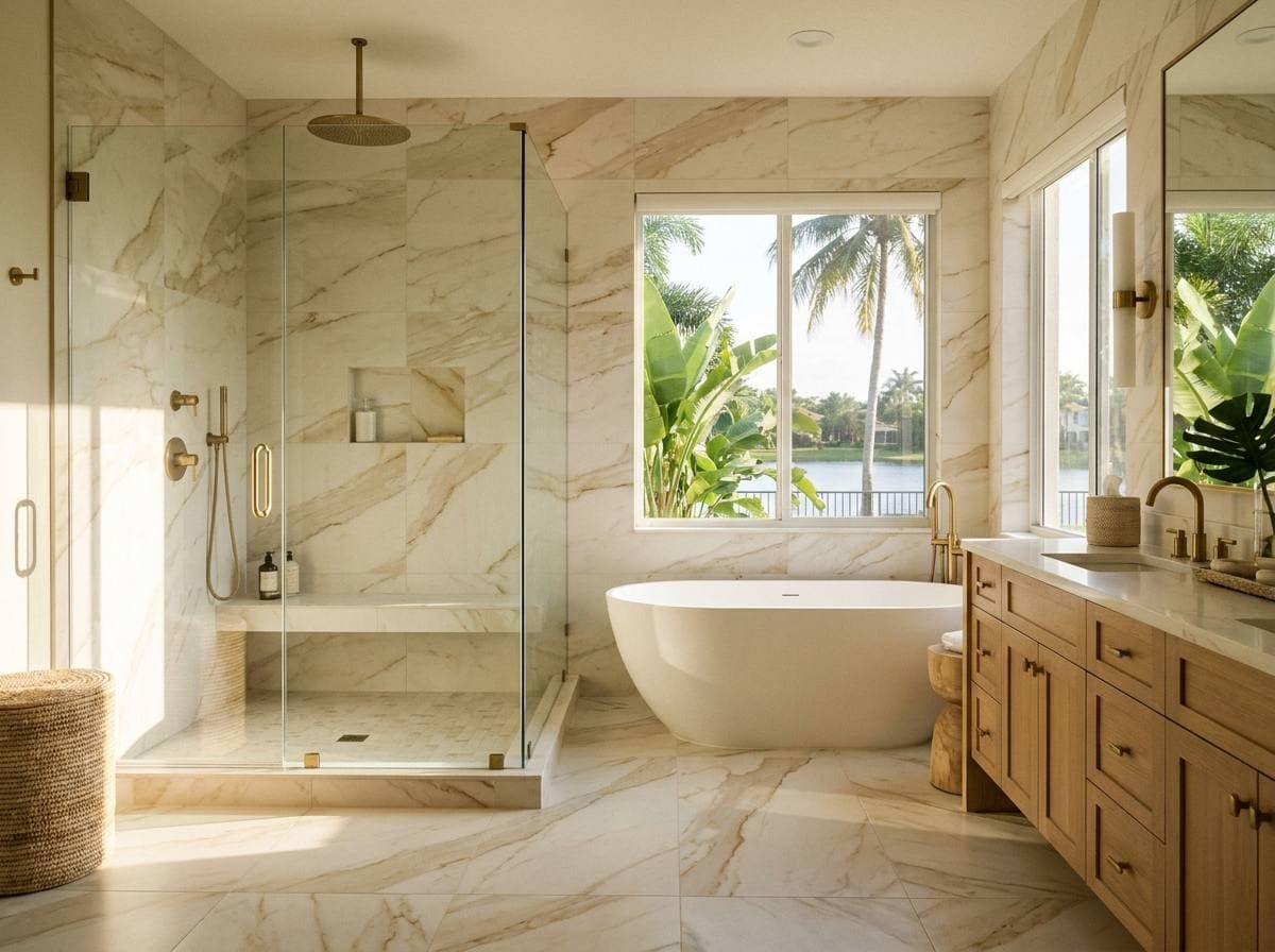 Doral Isles primary bathroom remodel — frameless glass shower, freestanding tub, large-format porcelain tile