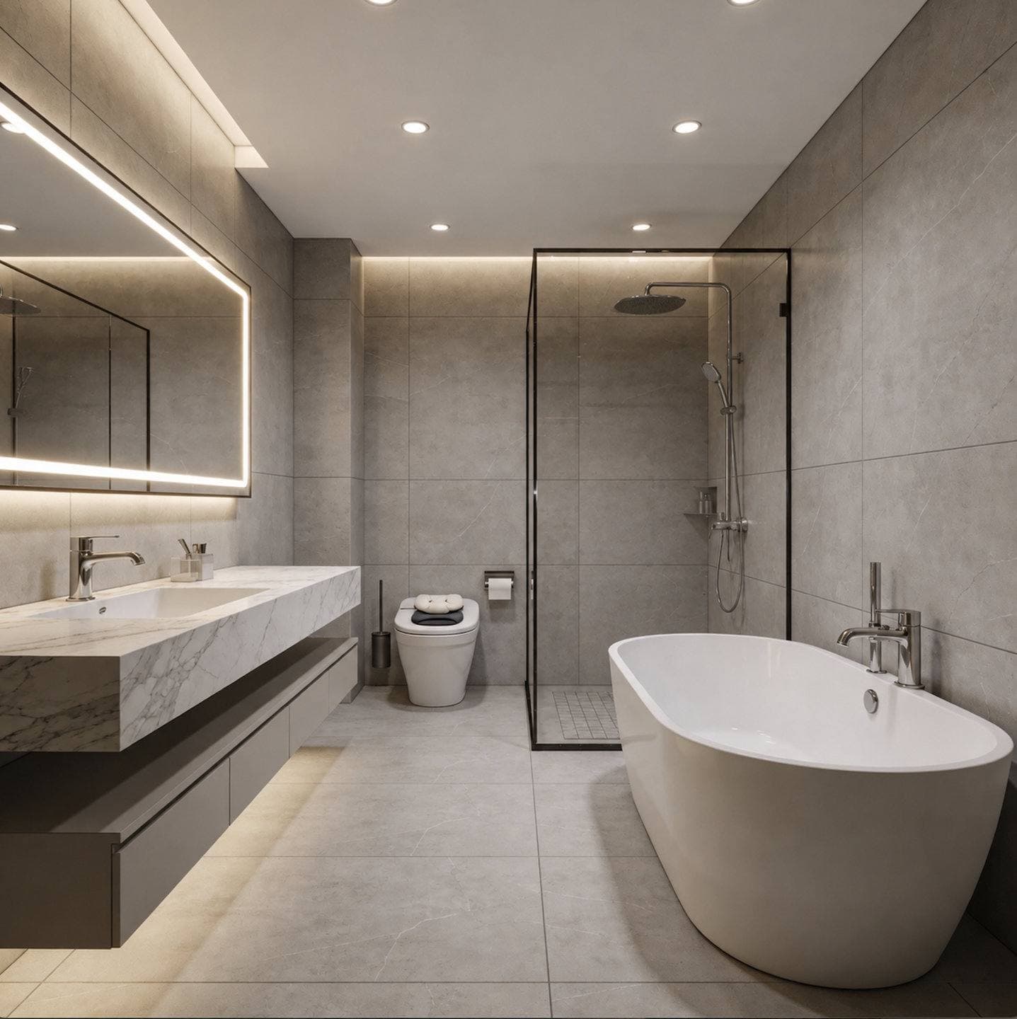 Completed bathroom remodel with a floating wood vanity and a frameless glass walk-in shower