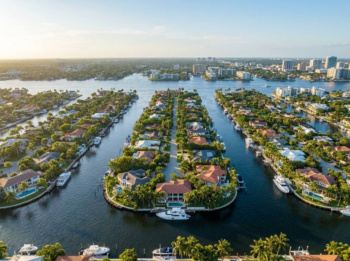Aerial view of Las Olas Isles in Fort Lauderdale showing the canal network and private waterfront docks