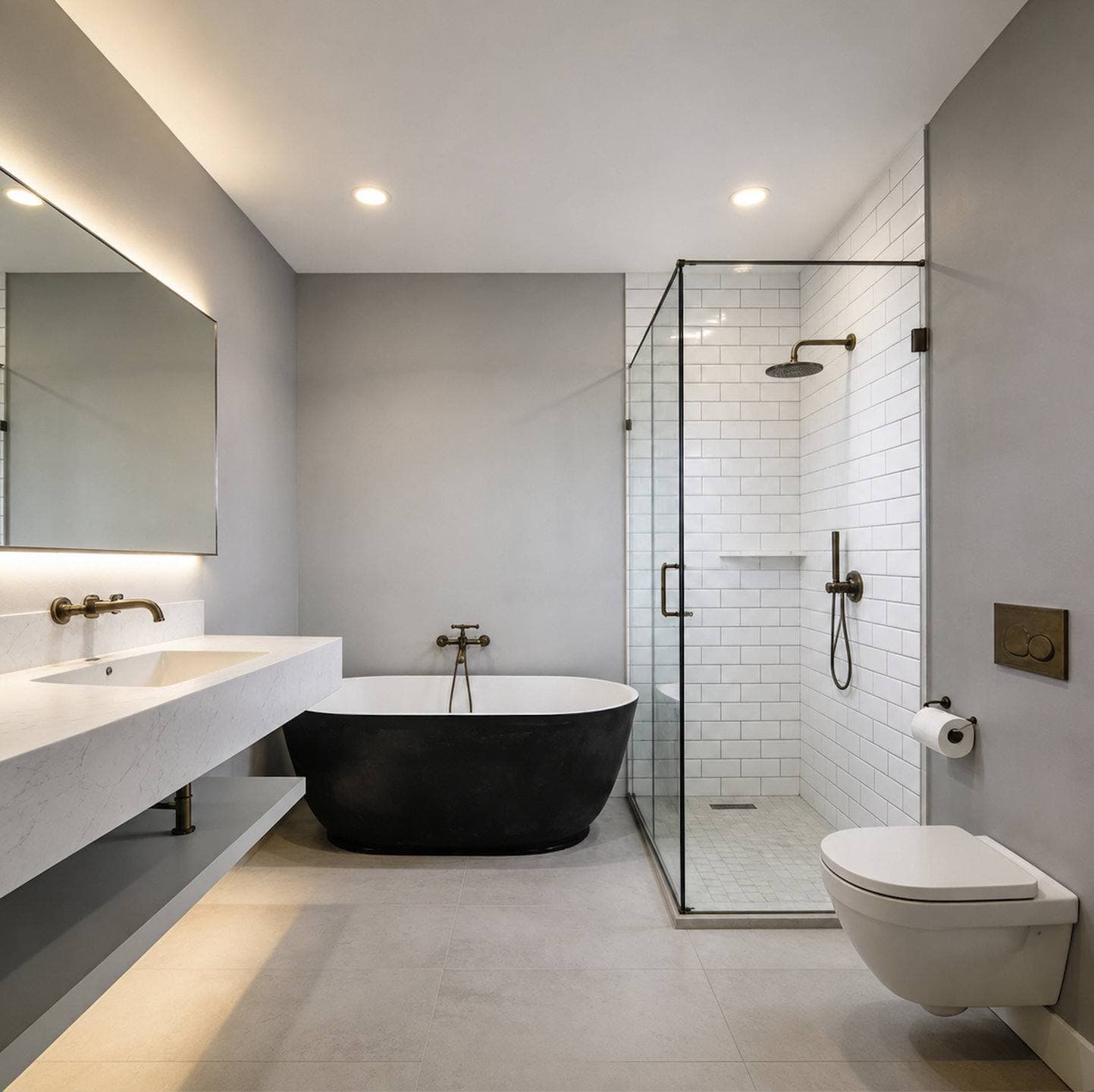 Completed bathroom remodel with a floating wood vanity and a frameless glass walk-in shower