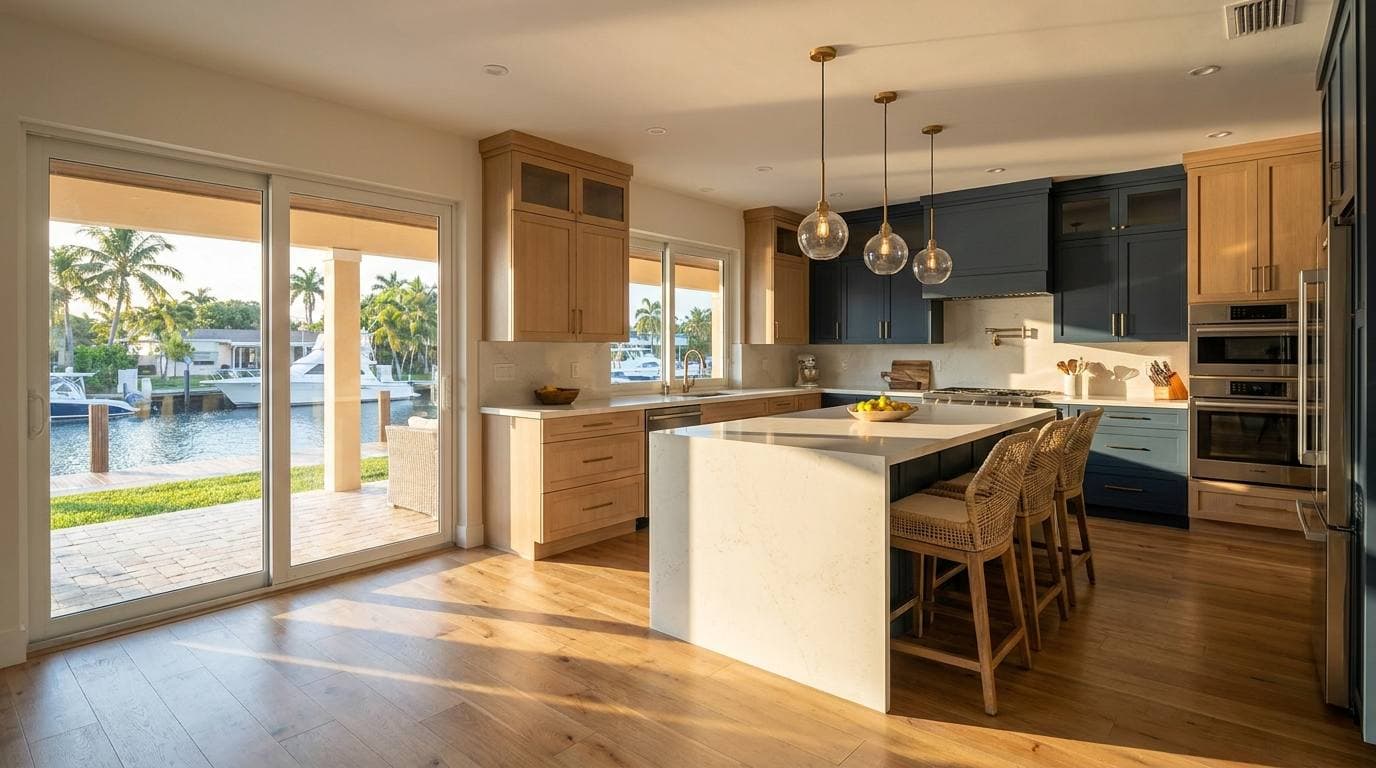 Las Olas Isles canal-front kitchen remodel by Gaven Constructions — open-concept rebuild with custom cabinetry and slab-front quartz island