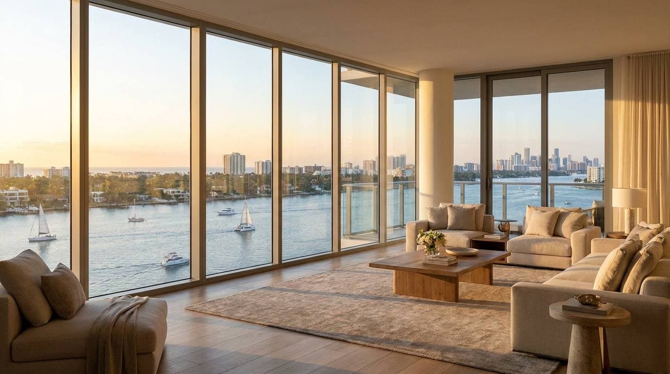 Hallandale Beach oceanfront condo high-rise interior with Intracoastal view through impact glazing