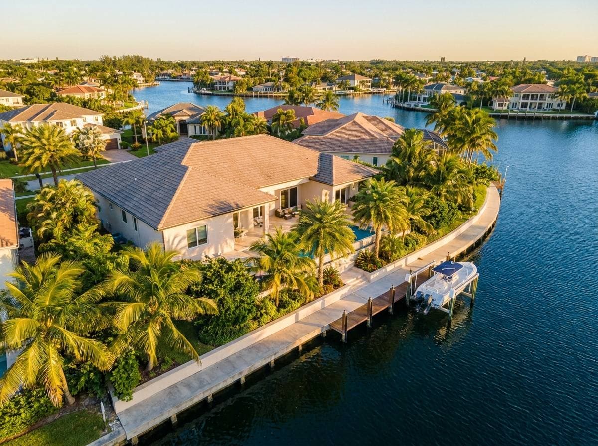 Golden Isles canal-front single-family home in Hallandale Beach showing the dredged finger-island layout and seawall