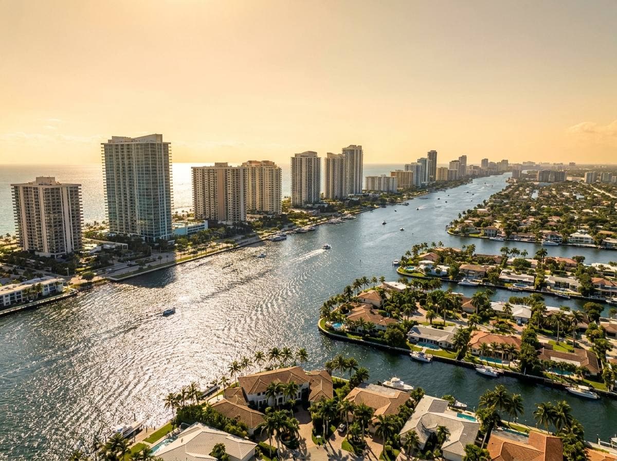Hallandale Beach coastal corridor — South Ocean Drive tower band, Intracoastal Waterway, and Golden Isles canal-front single-family