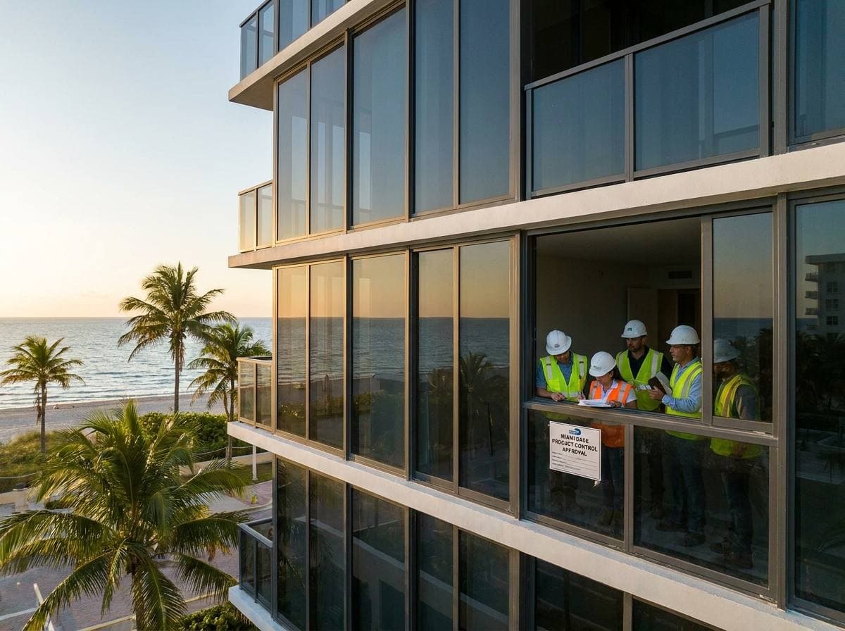 HVHZ-rated impact glazing on Hallandale Beach oceanfront tower facade with Miami-Dade NOA documentation