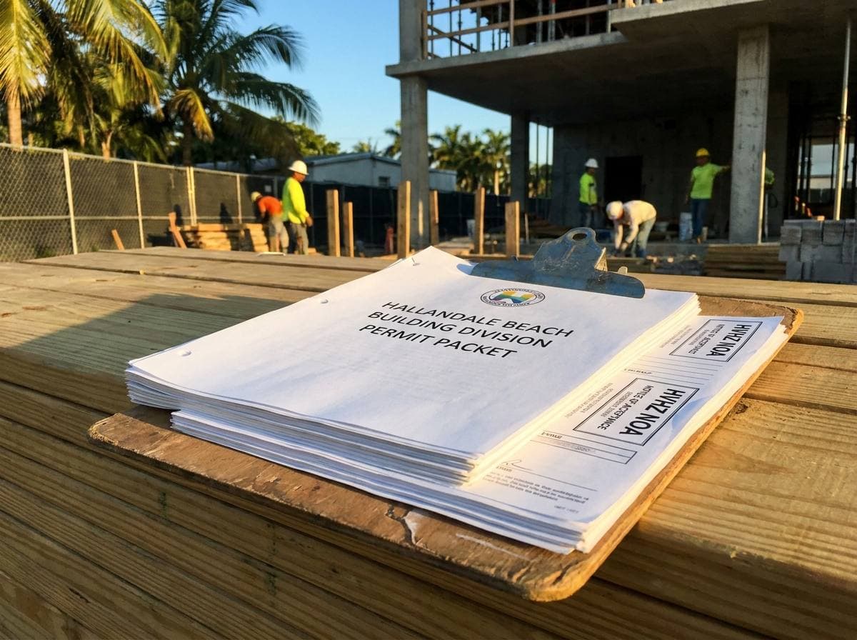Hallandale Beach Building Division permit packet on a job-site clipboard with HVHZ NOA documentation visible