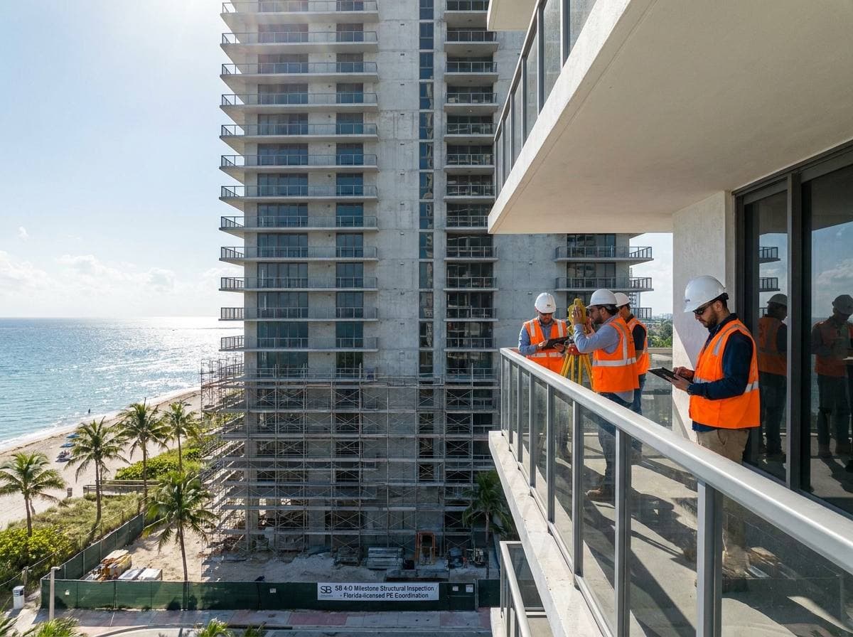 Hallandale Beach oceanfront tower under SB 4-D Milestone Structural Inspection coordination with Florida-licensed PE
