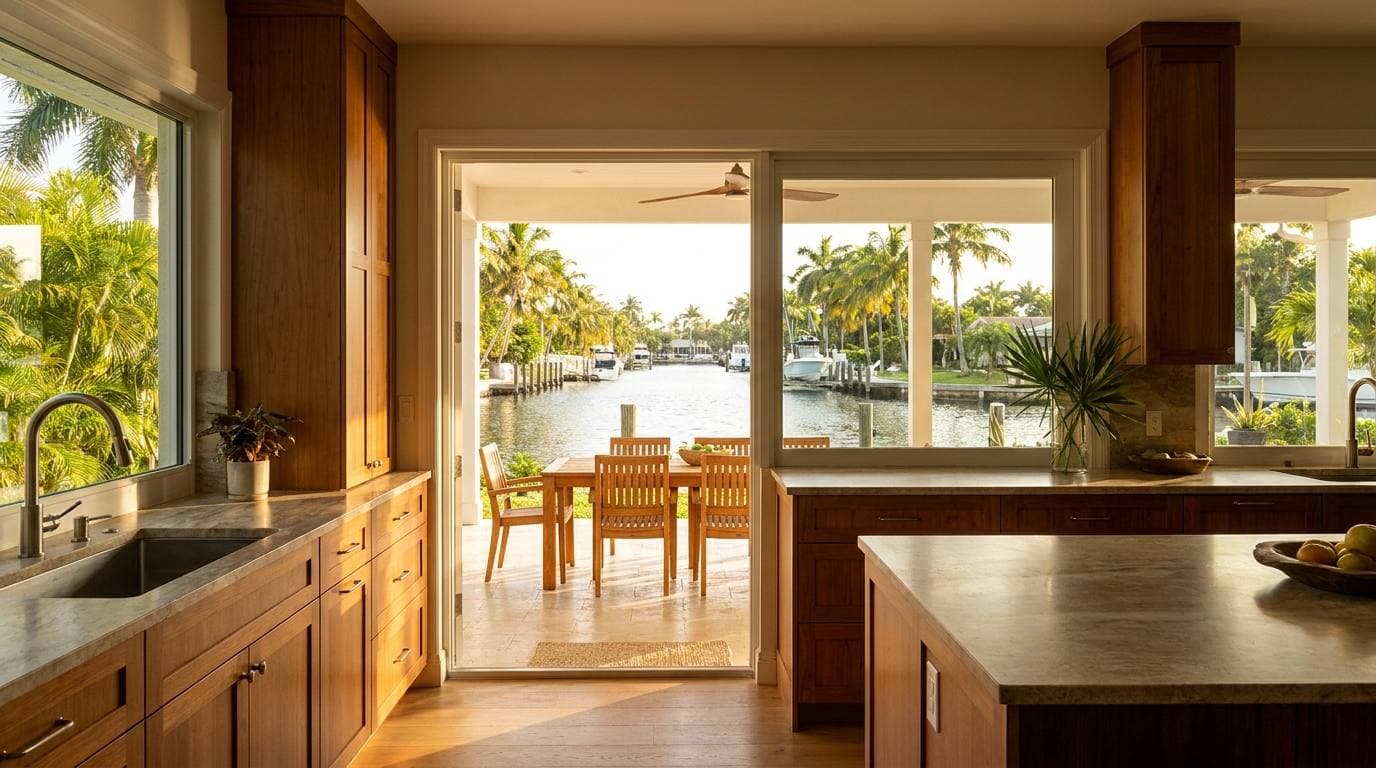 Golden Isles single-family kitchen reopening to canal-side dining with new impact glazing