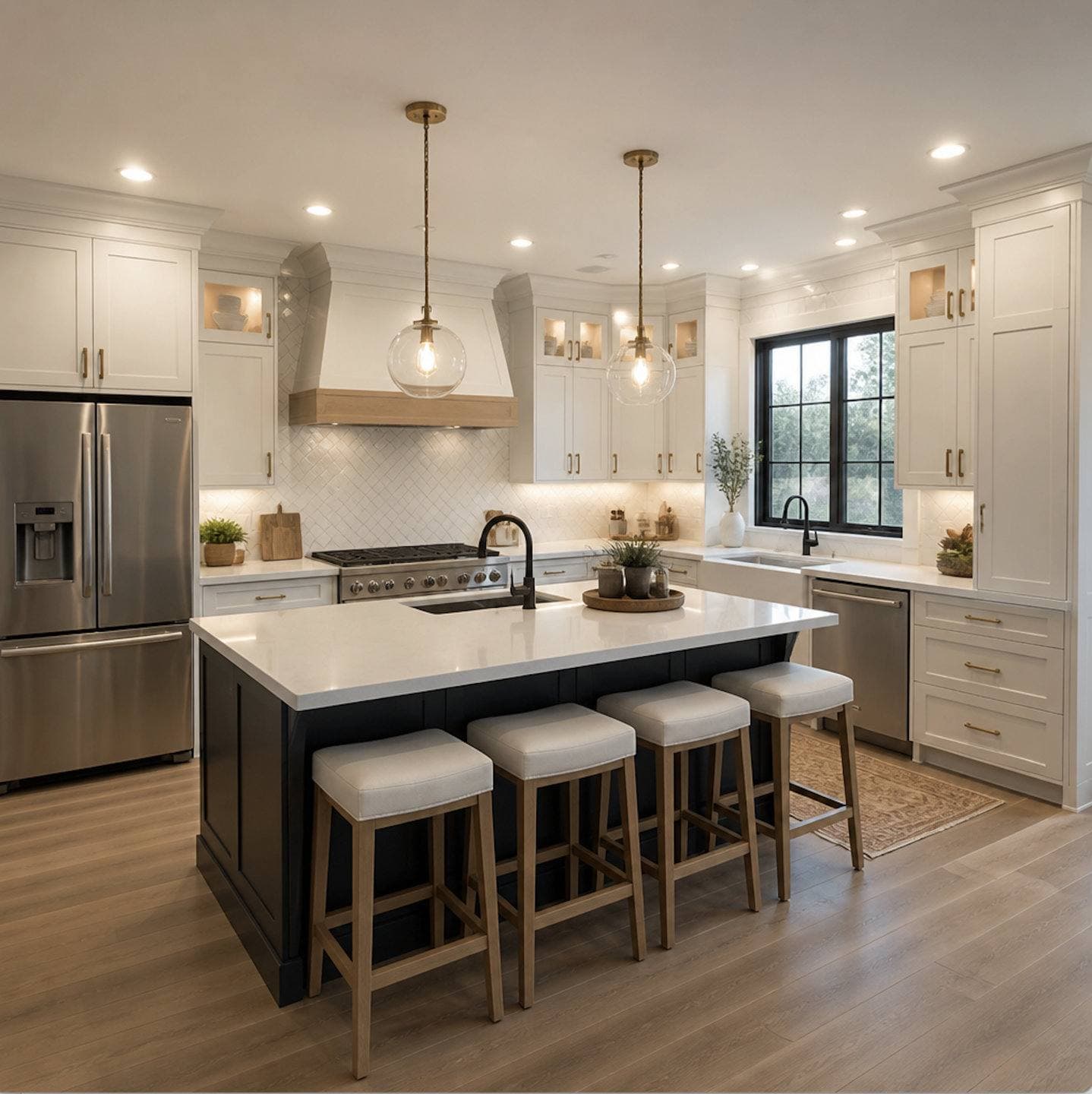 Completed kitchen remodel with white shaker cabinetry, a center island with pendant lighting, and stainless steel appliances