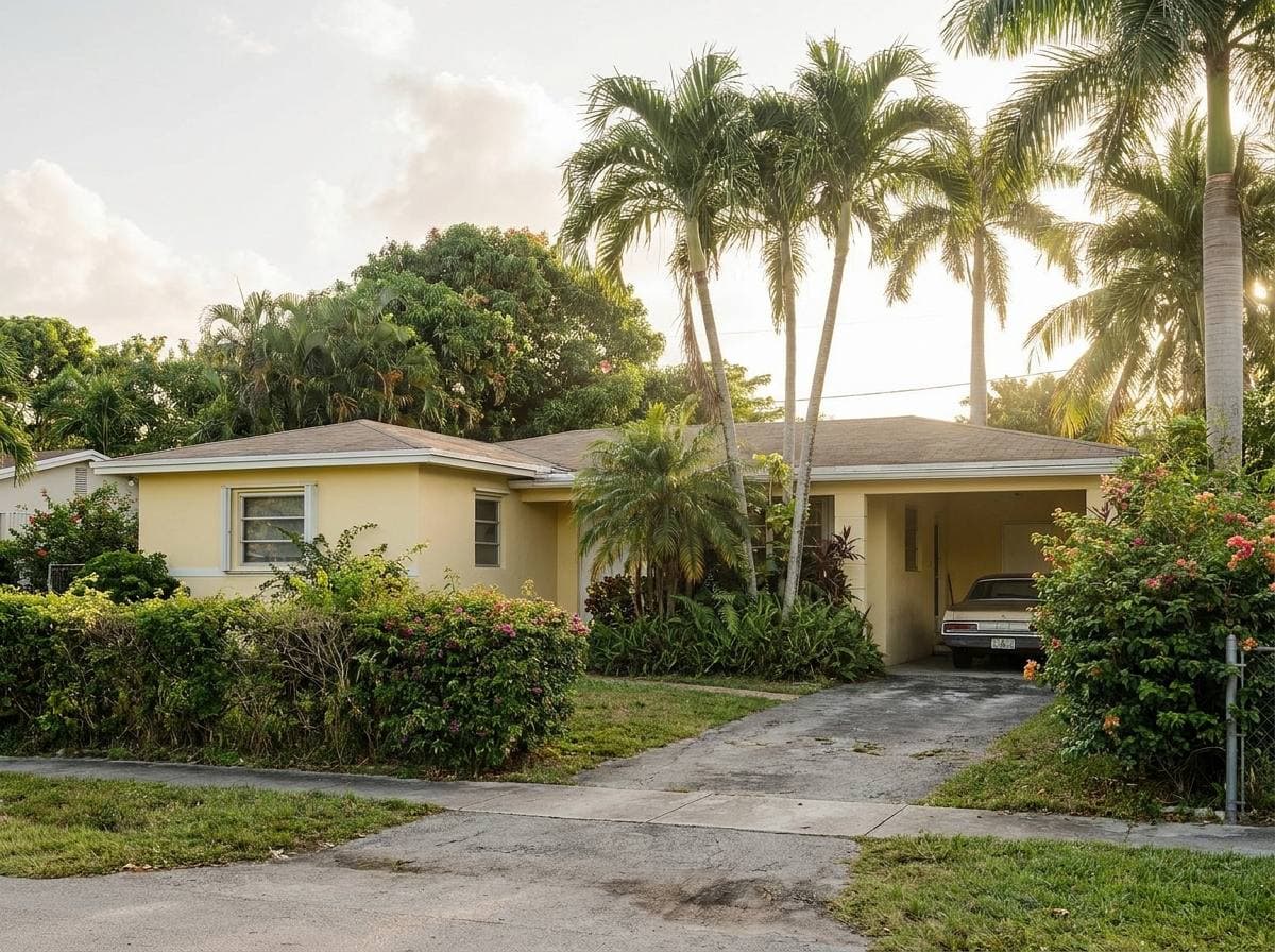 Hialeah single-family CBS ranch home with mature landscape, representative of 1940s–1960s housing stock